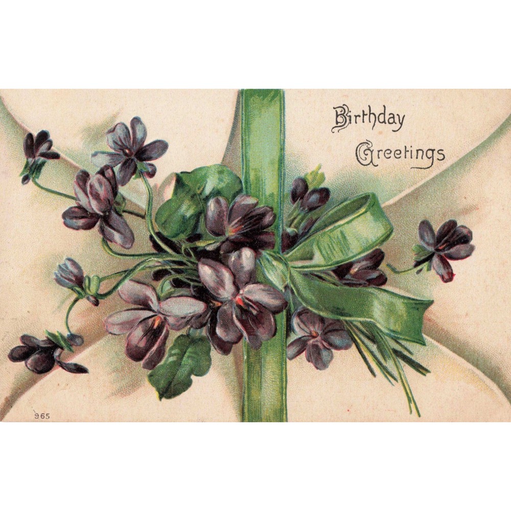 Vintage Birthday Greetings Postcard Embossed Purple Violets Green Ribbon Floral - Picture 1 of 2